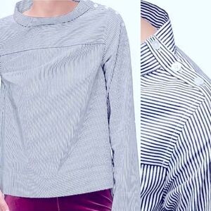 J Crew Funnel Neck Blouse Hi Low Hem pinstripe professional office blouse 10